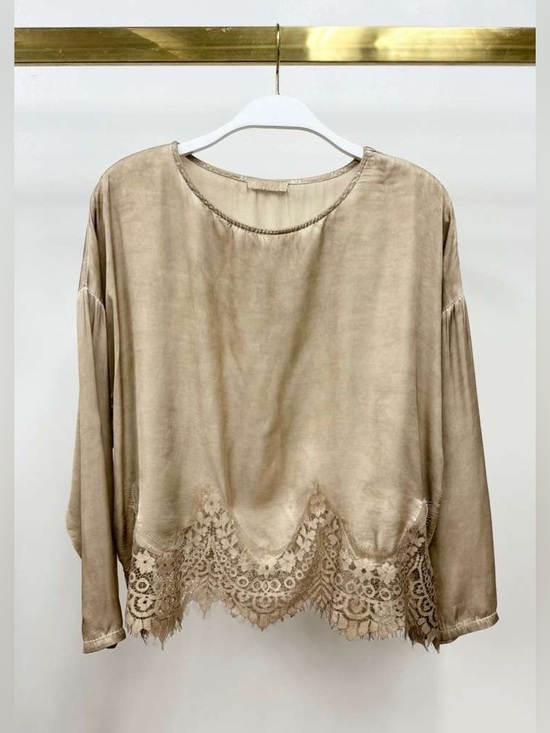 Milio Milano Tops - (235139/23239-CHAM) LACE HEM VISCOSE CREW NECK LONG SLEEVE